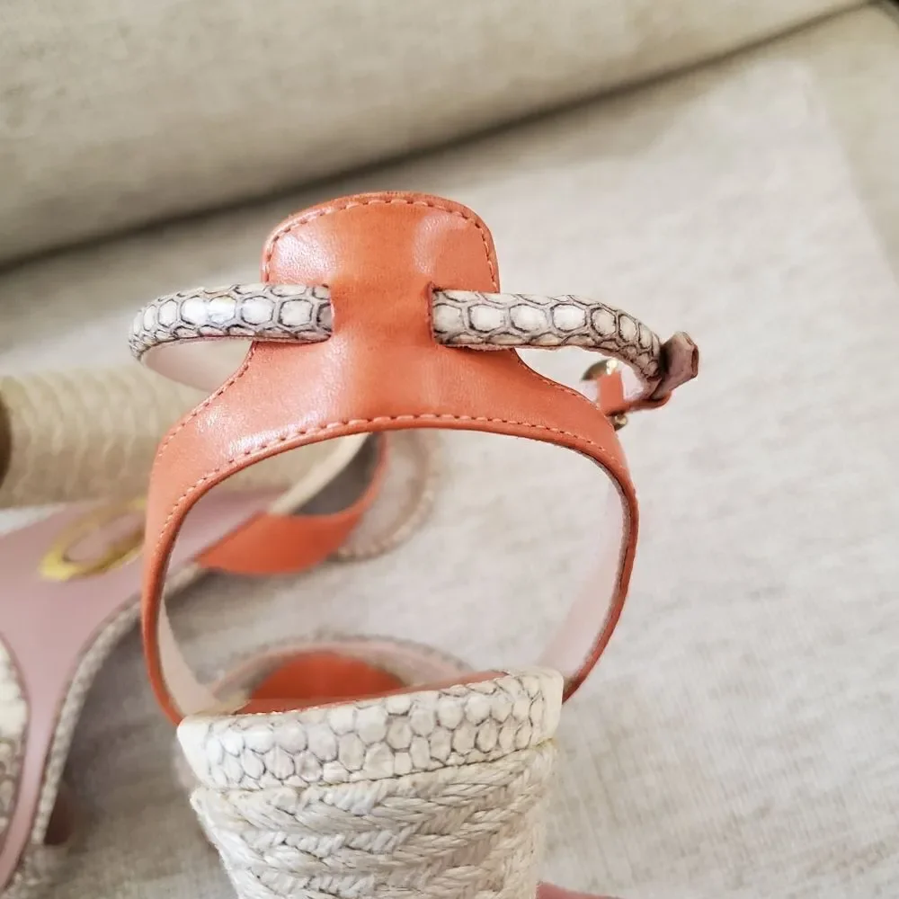 🌠 ELIE TAHARI 🌠 Snakeskin Leather Straw Platform Heels Sandals - [Size 6.5]